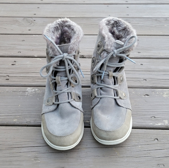 Sorel Explorer Joan Gray Suede Leather Lace-up Sneaker Winter Snow Ankle Boots - Picture 2 of 9